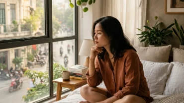 Hình ảnh cô gái trẻ Việt Nam thức giấc suy tư về việc mơ thấy mình sinh con khi chưa chồng