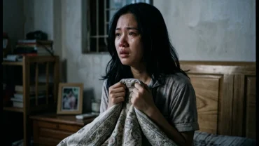 Hình ảnh người phụ nữ bừng tỉnh giữa đêm trong trạng thái lo âu sau giấc mơ thấy mình sinh con trai
