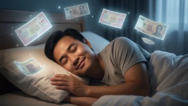 Một người đàn ông mỉm cười trong giấc ngủ ngon, đại diện cho điềm lành khi mơ thấy mình trúng lô.