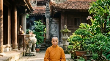 Người ngồi thiền tĩnh tâm trong không gian chùa Việt Nam thanh tịnh sau giấc mơ thấy mình xuất gia đi tu