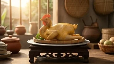 Mâm cúng gia tiên truyền thống với con gà luộc vàng ươm, đại diện cho điềm lành từ việc mơ thấy mổ gà
