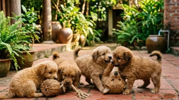 Bầy chó con đáng yêu đùa nghịch trong sân nhà gỗ Việt Nam tái hiện điềm báo khi mơ thấy một đàn chó con