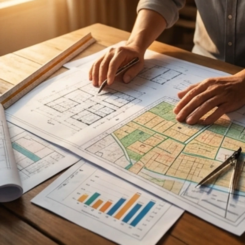 Bản đồ quy hoạch và hợp đồng giao dịch bất động sản đặt trên bàn làm việc của một nhà đầu tư