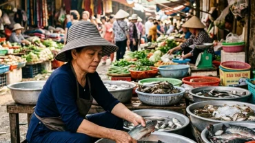 Khung cảnh chọn mua cá tươi sống tại chợ truyền thống minh họa điềm báo phong thủy khi mơ thấy mua cá