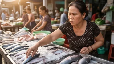 Người phụ nữ đang chọn mua cá tươi tại chợ truyền thống gắn liền với giấc mơ thấy mua cá
