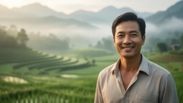 Người đàn ông mỉm cười đứng trước một khu đất rộng lớn và tươi tốt bừng sáng trong sương sớm