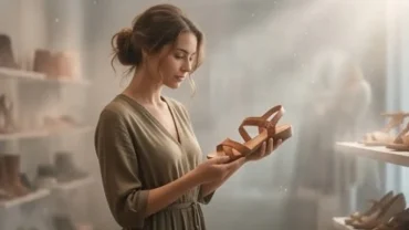 Một người phụ nữ ngắm nhìn và chọn mua đôi dép mới trong không gian ánh sáng mờ ảo, liên quan đến việc mơ thấy mua dép