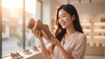 Người phụ nữ trẻ đang chọn lựa đôi giày mới trong giấc mơ thấy mua giày với không gian ánh sáng ấm áp
