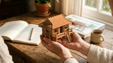 Mô hình ngôi nhà nhỏ đặt trên bàn tay thể hiện ý nghĩa phong thủy và tài vận khi mơ thấy mua nhà