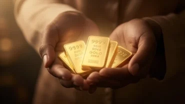 Cầm thỏi vàng 9999 lấp lánh tượng trưng cho điềm báo tài lộc từ giấc mơ thấy mua vàng