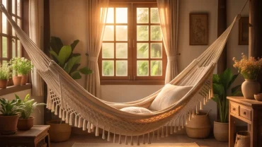 Người nằm thư giãn trên chiếc võng xếp trong nhà, thể hiện rõ cảm giác khi mơ thấy nằm võng