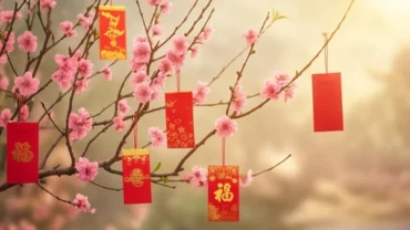 Mâm cỗ Tết sum vầy với hoa đào và phong bao lì xì đỏ tượng trưng cho giấc mơ thấy ngày Tết
