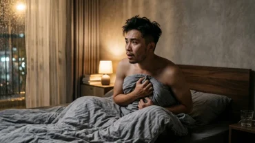 Hình ảnh người phụ nữ lo âu tỉnh giấc giữa đêm minh họa cho tâm lý căng thẳng khi mơ thấy ngoại tình bị bắt gặp