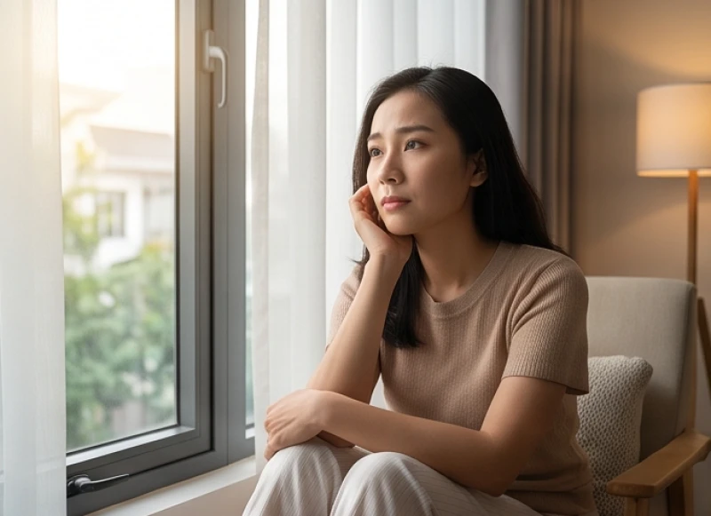 Mơ thấy mình ngoại tình: Giải mã tâm lý & điềm báo tài lộc 1 Người phụ nữ ngồi trầm ngâm bên cửa sổ sau khi mơ thấy mình ngoại tình
