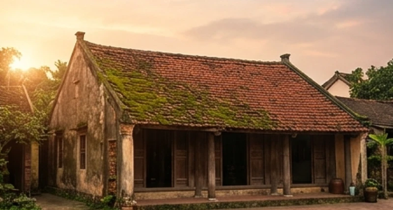 Ngôi nhà ngói đỏ rêu phong thời thơ ấu ẩn hiện dưới ánh chiều tà gợi lên cảm giác hoài niệm sâu sắc