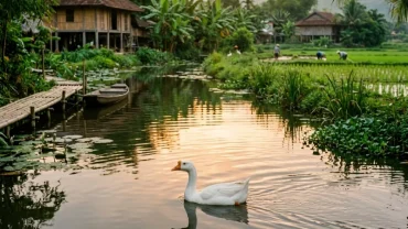 Hình ảnh minh họa một con ngỗng trắng bơi lội bình yên trên hồ nước tượng trưng cho giấc mơ thấy ngỗng