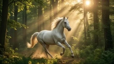 Chú ngựa trắng oai phong phi nước đại giữa rừng cây huyền ảo tượng trưng cho điềm lành khi mơ thấy ngựa trắng