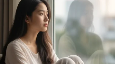 Phụ nữ châu Á ngồi bên cửa sổ trầm ngâm khi mơ thấy người bạn đã mất