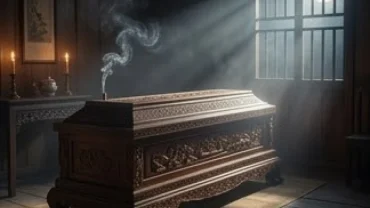 Chiếc quan tài gỗ cổ truyền thống trong không gian thanh tịnh đại diện cho giấc mơ thấy người chết nằm trong quan tài