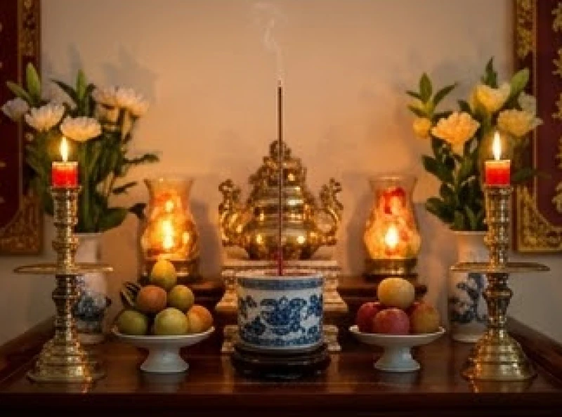 Bàn thờ gia tiên trang nghiêm với ánh nến lung linh và nén hương trầm đang cháy tỏa hương ấm áp