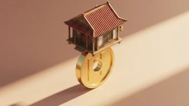 Mô hình ngôi nhà nhỏ bằng gỗ trên bàn cân tài chính minh họa cho điềm báo mơ thấy người khác bán nhà