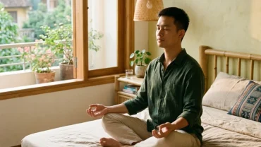 Hình ảnh người đàn ông Việt Nam ngồi thở sâu để xoa dịu tâm trí sau khi mơ thấy người khác bị chém chảy máu