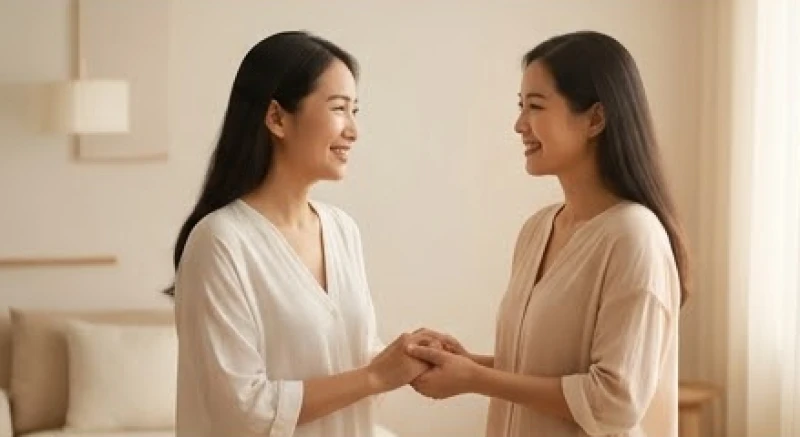 Mơ thấy bà đẻ là điềm gì? Giải mã bối cảnh & con số may mắn 4 Hai người phụ nữ mỉm cười nắm tay nhau trong một không gian thanh bình ngập tràn ánh sáng