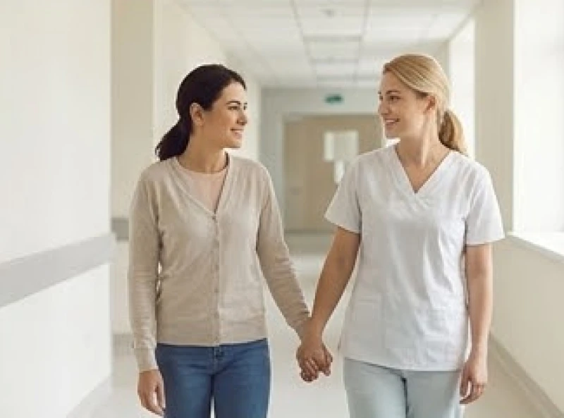 Mơ Thấy Đi Đẻ Là Điềm Báo Gì? Giải Mã & Bộ Số Hóa Giải 6 Hai người phụ nữ đang nắm tay nhau động viên trong hành lang bệnh viện ngập tràn ánh sáng tự nhiên