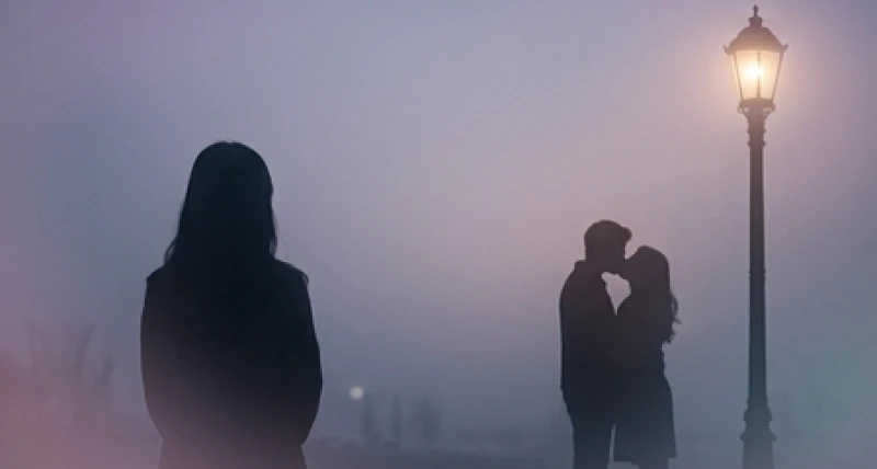 Bóng dáng một người đứng lặng lẽ từ xa quan sát một cặp đôi đang âu yếm nhau dưới ánh đèn đường