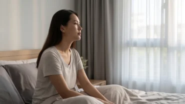 Người phụ nữ ngồi trên giường với vẻ mặt suy tư khi vừa tỉnh giấc sau khi mơ thấy người khác khoả thân
