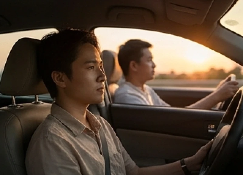 Hành khách ngồi ở hàng ghế sau với vẻ mặt trầm tư khi phó mặc tay lái cho người khác