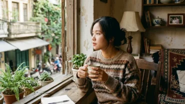Một người phụ nữ Việt Nam ngồi suy tư trong quán cà phê ấm cúng sau khi mơ thấy người khác nói mình có bầu