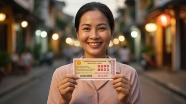 Một người phụ nữ tươi cười rạng rỡ cầm trên tay tờ vé số truyền thống Việt Nam khi bạn mơ thấy người khác trúng số