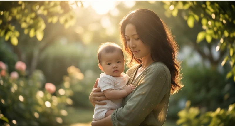 Mơ thấy người khác sinh con: Điềm báo và bảng số may mắn 3 Một phụ nữ lạ mặt đang mỉm cười bế con thể hiện cơ hội tiềm ẩn khi giải mã hiện tượng mơ thấy người khác sinh con