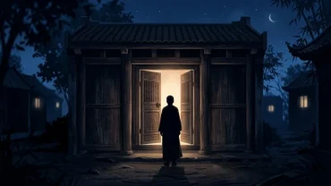 Khung cảnh khái niệm biểu tượng cho trạng thái tâm lý bất an khi nằm mơ thấy người lạ vào nhà lúc rạng sáng
