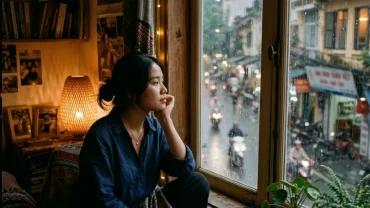 Người trẻ Việt Nam ngồi trầm tư bên cửa sổ quán cà phê khi mơ thấy người mình thích có người yêu