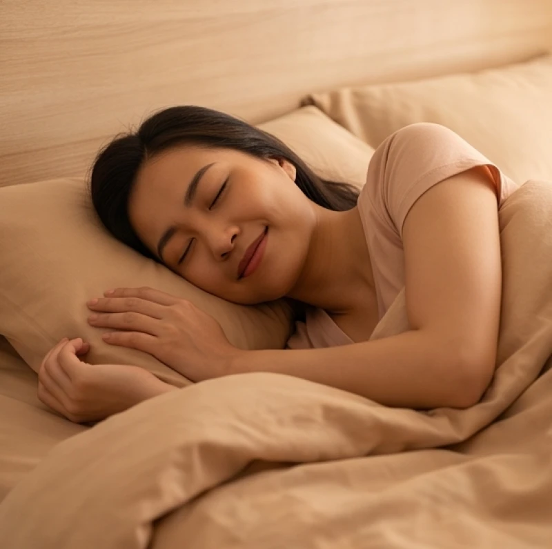 Người phụ nữ mỉm cười nhẹ trong giấc ngủ sâu khi mơ thấy kịch bản lãng mạn được theo đuổi