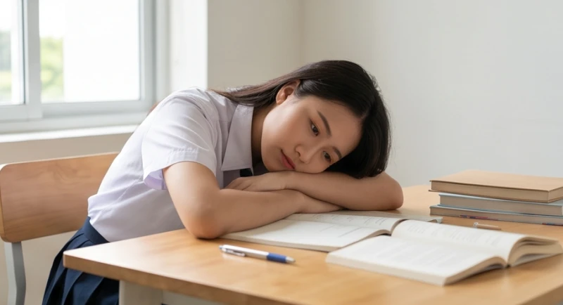 Mơ thấy người mình thích: Giải mã tâm lý và hướng xử trí thực tế 5 Nữ sinh mệt mỏi gục đầu trên bàn học do suy nghĩ nhiều về người thương