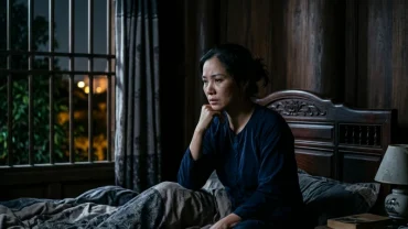 Hình ảnh người phụ nữ ngồi trên giường với vẻ mặt lo âu sau khi mơ thấy người nhà mất trong đêm