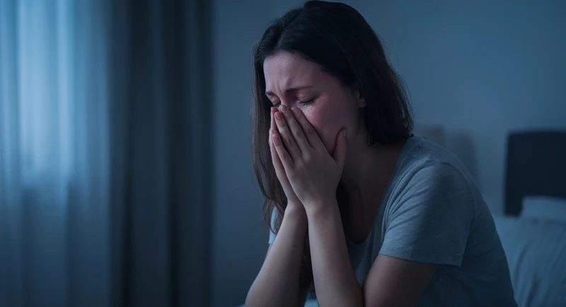 Mơ thấy ôm phụ nữ: Điềm báo tâm lý và con số theo bối cảnh 5 Một người phụ nữ u buồn ngồi che mặt khóc thầm trong một căn phòng mờ tối