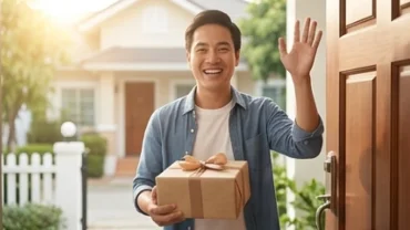Người quen đến nhà chơi mang theo món quà nhỏ và nụ cười rạng rỡ đứng chờ trước hiên nhà