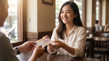 Người phụ nữ tươi cười nhận tờ vé số truyền thống từ một người bạn trong không gian quán cà phê ấm cúng