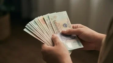 Người đàn ông trầm ngâm cầm những tờ tiền mệnh giá lớn trong không gian tối phản ánh giấc mơ thấy người ta mượn tiền mình