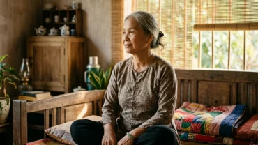 Người phụ nữ bình tâm suy ngẫm sau khi mơ thấy người thân chết giữa không gian phòng ngủ yên tĩnh