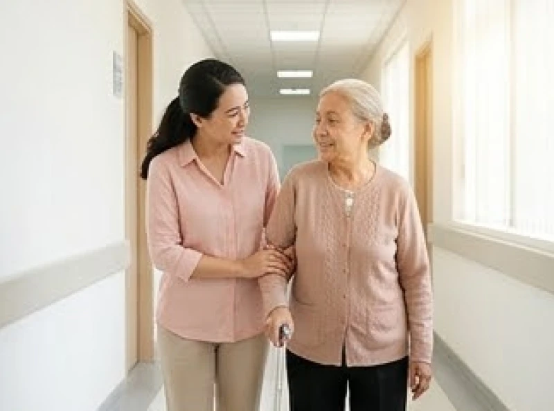 Người phụ nữ ân cần dìu một người lớn tuổi đi dọc hành lang phòng khám khang trang