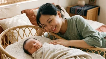 Hình ảnh minh họa giấc mơ thấy người thân sinh em bé với em bé sơ sinh nằm ngủ bình yên bên người mẹ