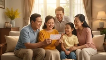 Gia đình Việt Nam hạnh phúc cầm tờ vé số trúng thưởng đại diện cho điềm báo mơ thấy người thân trúng số