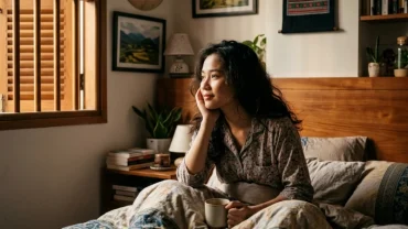 Một cô gái trẻ người Việt bừng tỉnh trên giường sau cơn ác mộng mơ thấy người yêu chết