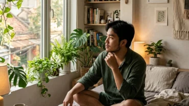 Hình ảnh chàng trai trẻ suy tư bên cửa sổ khi mơ thấy người yêu có bầu phản chiếu tâm lý lo lắng trong tình yêu