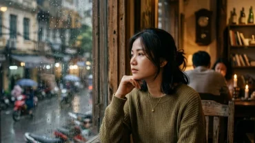 Bức tranh vẽ cô gái ngồi suy tư bên ban công ngắm nhìn hoàng hôn Hà Nội khi nhớ về kỉ niệm mơ thấy người yêu cũ